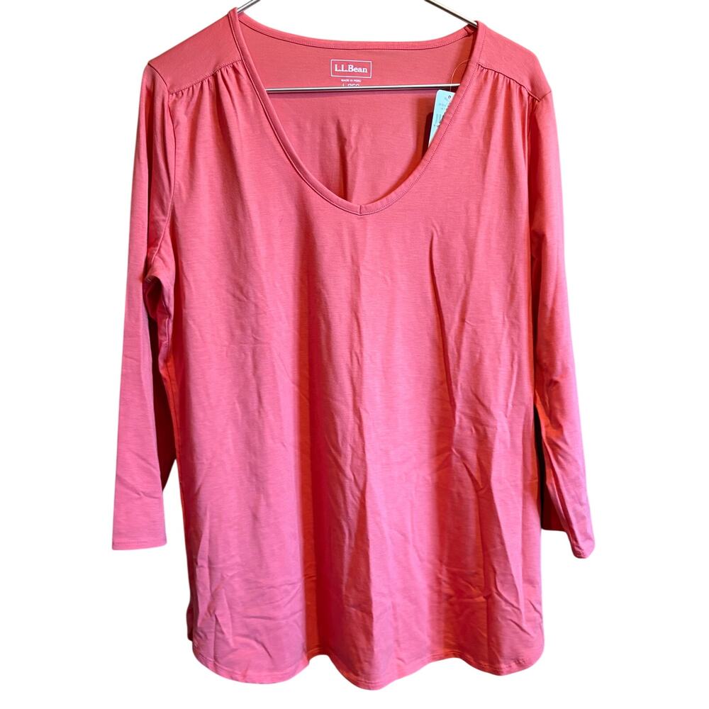 L. L. Bean Womens L Pink Supima Cotton Boat Neck 3/4 Sleeve Casual Top Tee NWT